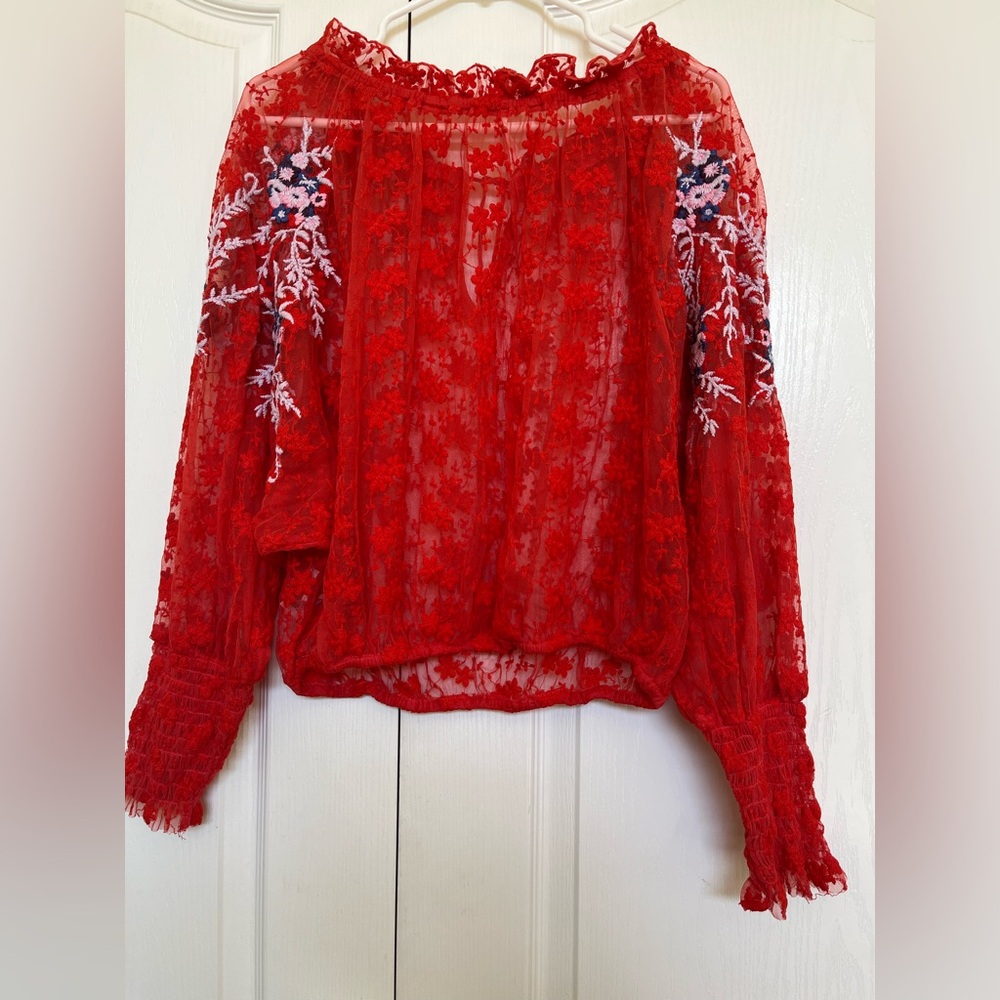 Red Floral Lace Women's Top - Picture 7 of 10